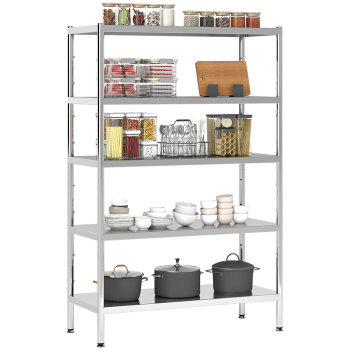 Scaffale da Cucina a 5 Livelli Regolabili 91x40x139 cm in Acciaio Inox Argento