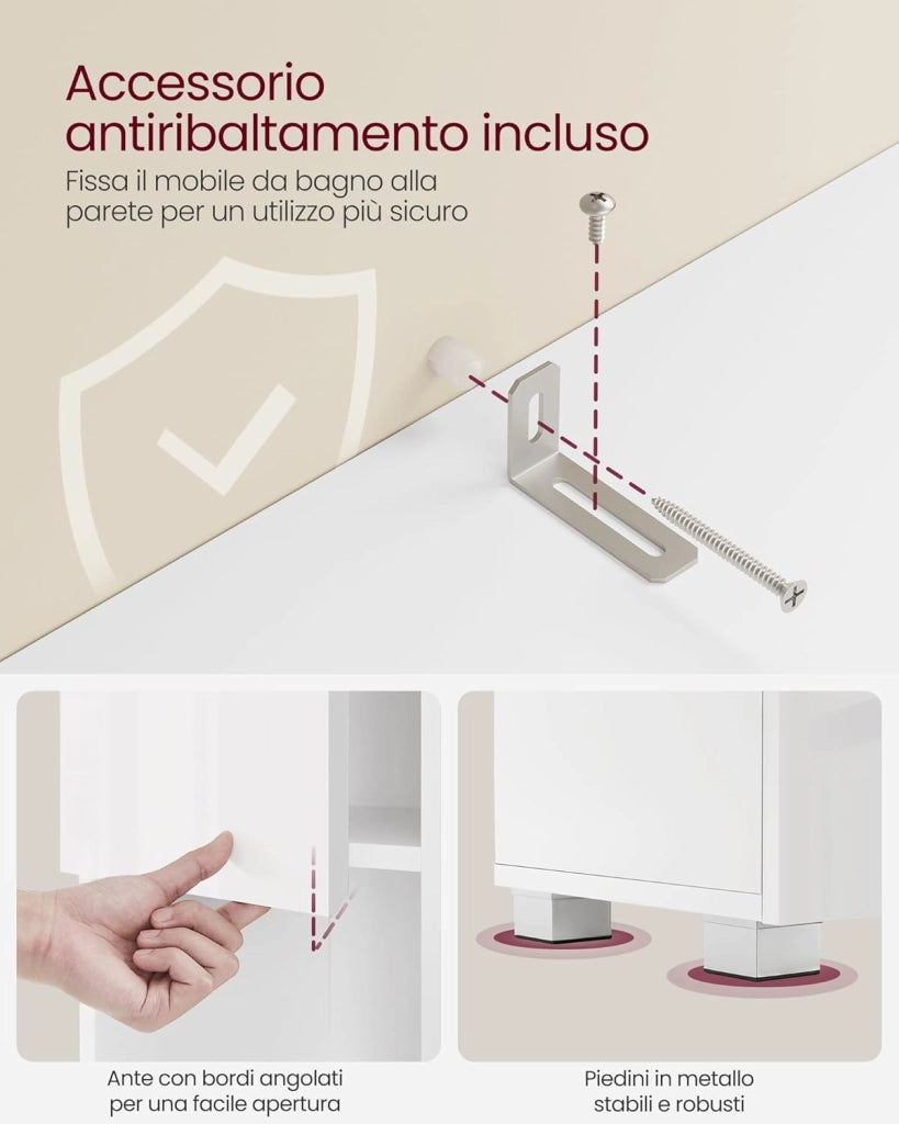 Mobile da Bagno, Mobiletto Portaoggetti, Alto, con Cassetto, Ripiani Regolabili, Scomparti, 30 x 30 x 170 cm, Bianco Nuvola BBC560P31