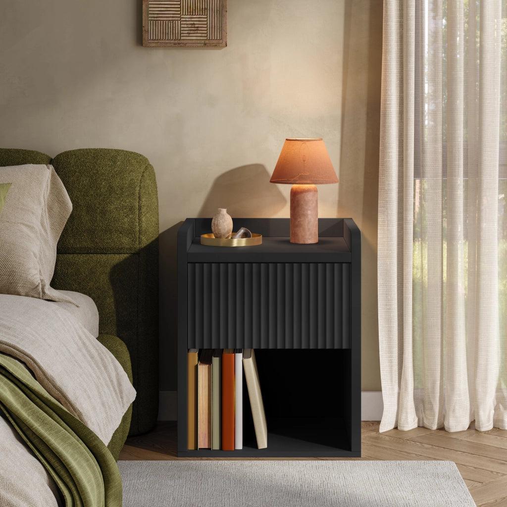 Set di 2 Comodini Nand con Cassetto e Vano Aperto 55x49x39 cm Nero [en.casa]