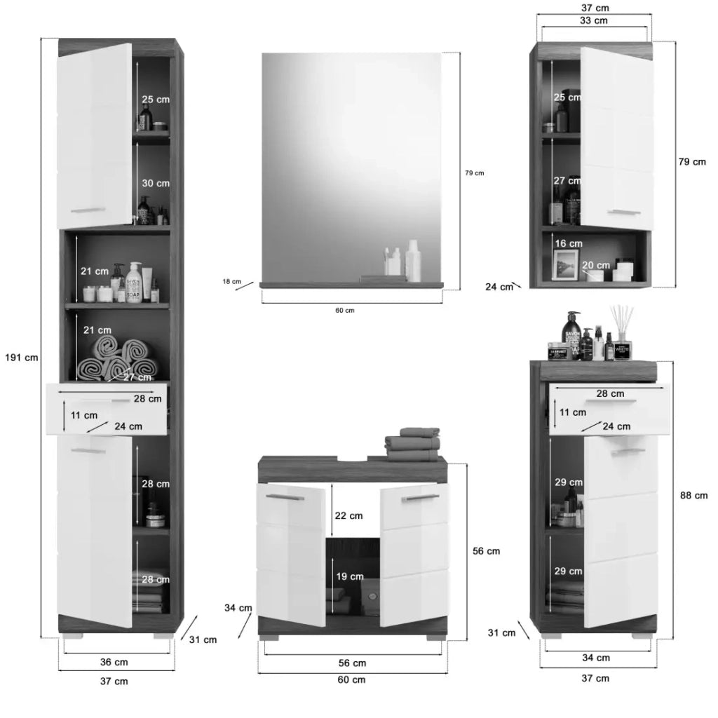 Set bagno SCOTT – Mobile sottolavabo, specchio, colonna e 2 mezze colonne – Grigio scuro e bianco