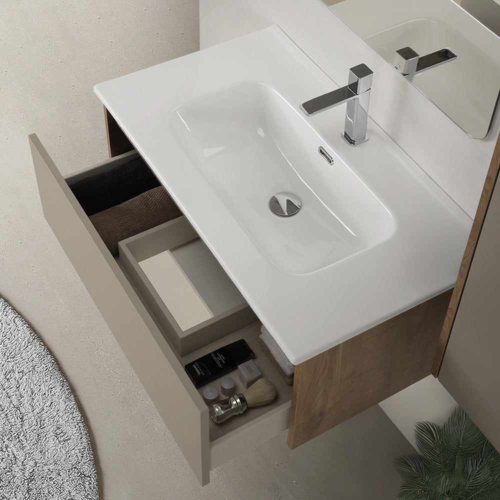 Mobile bagno sospeso 80 cm in legno tabacco e tortora con lavabo e specchio Smok