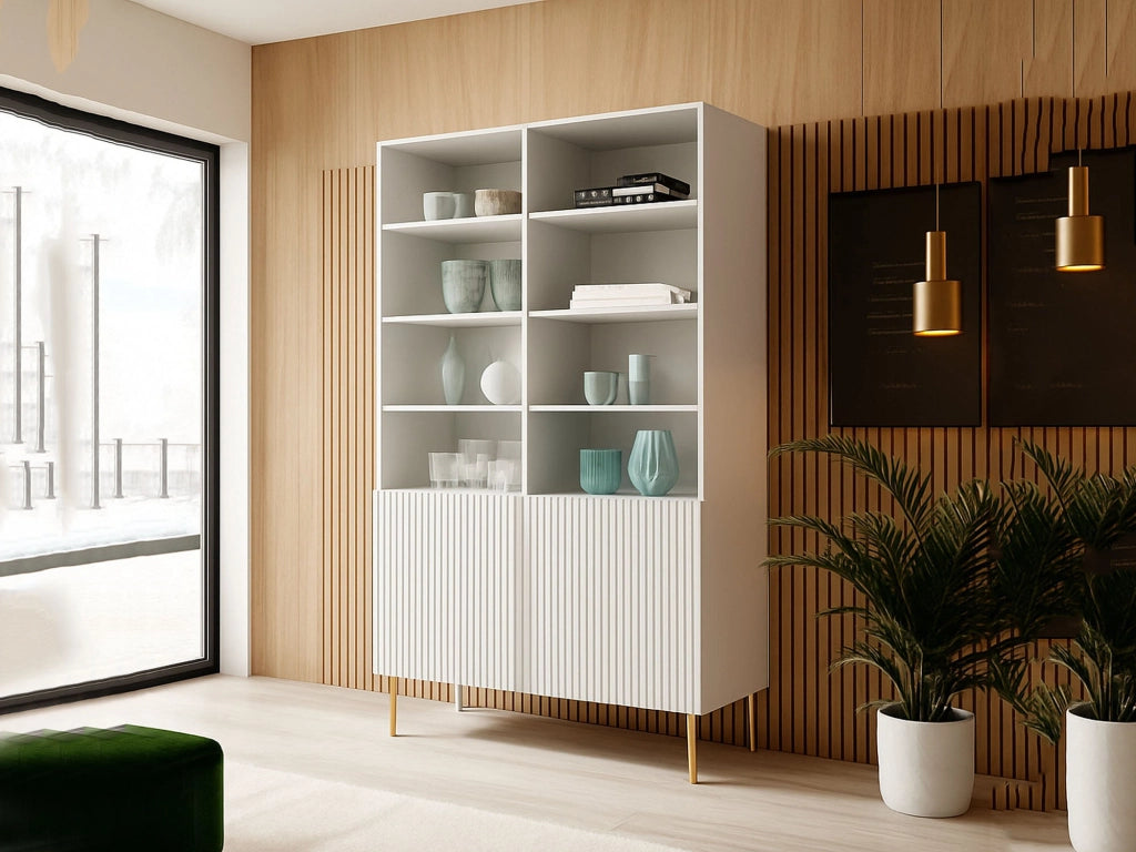 Libreria Estarreja, Mobile portalibri con vani aperti e due ante, Rialzato da terra, 100x42 h177 cm, Bianco