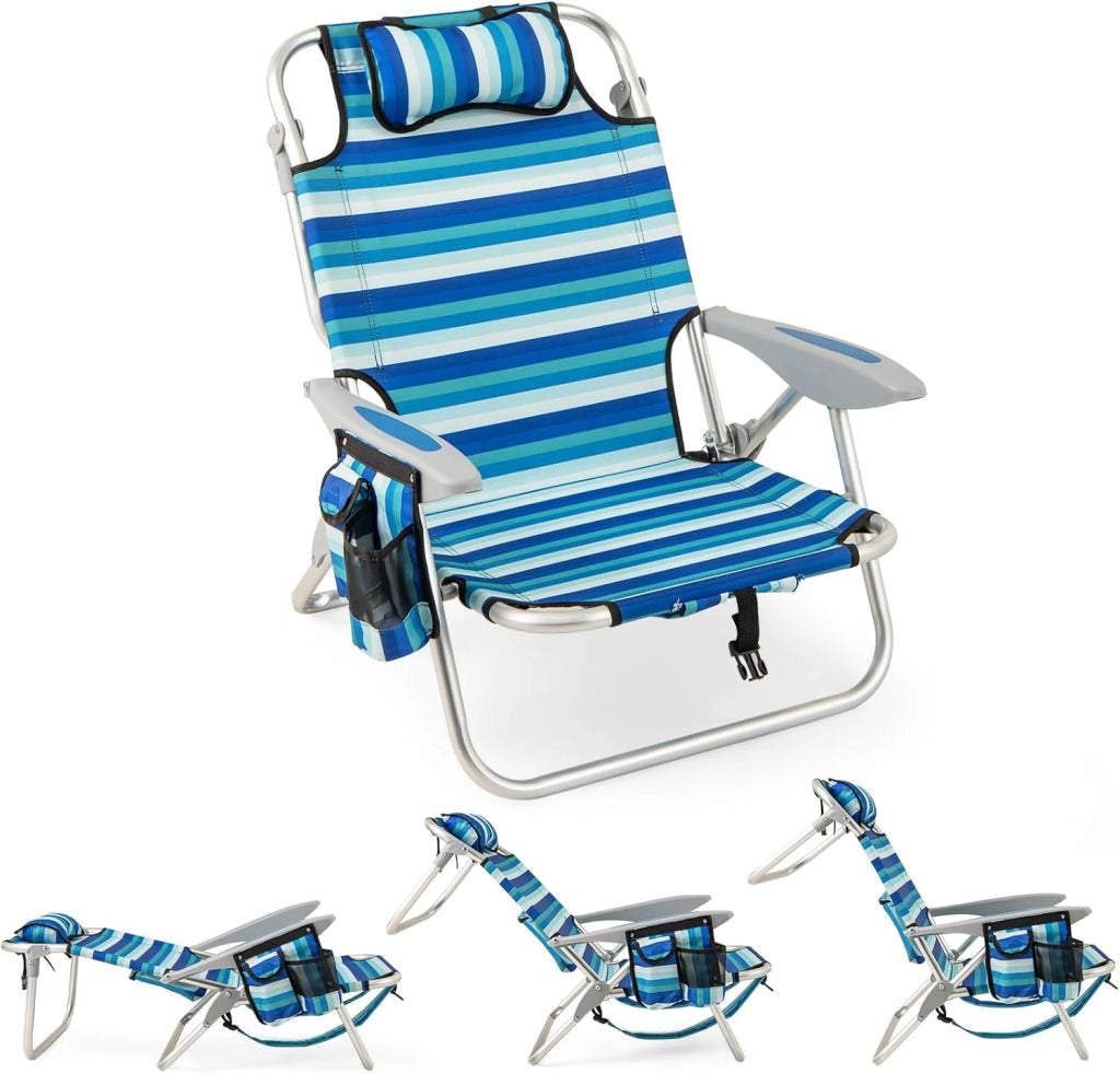 Sedia da spiaggia pieghevole, sedia da campeggio con schienale regolabile, poggiapolsi, tasche e braccioli, sdraio da esterno portatile per picnic, pesca (2)