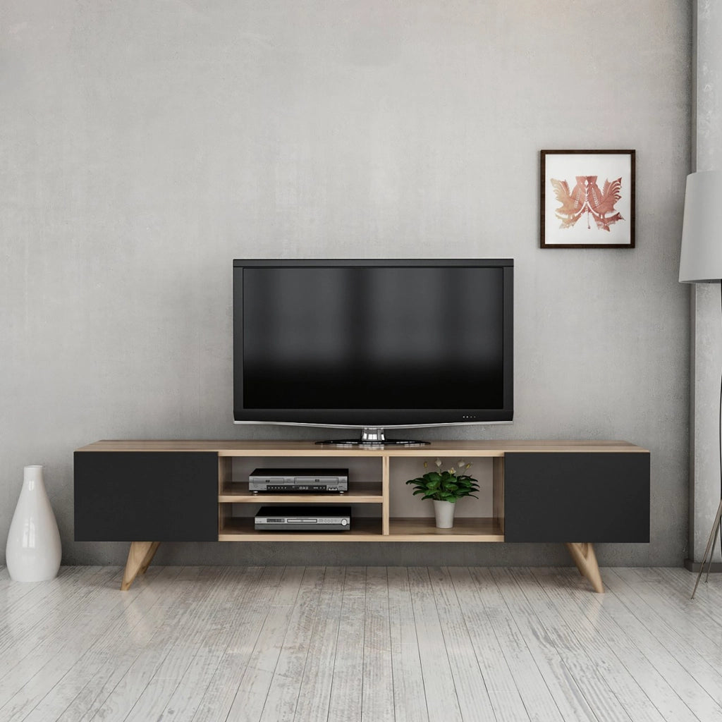 Mobile Basso Porta TV 'Assens' con Scomparti Aperti e Chiusi con Ante a Ribalta - Rovere / Nero [en.casa]