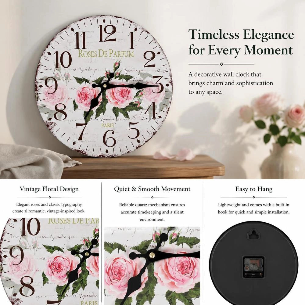 Vintage Wall Clock With Flowers, 30 Cm