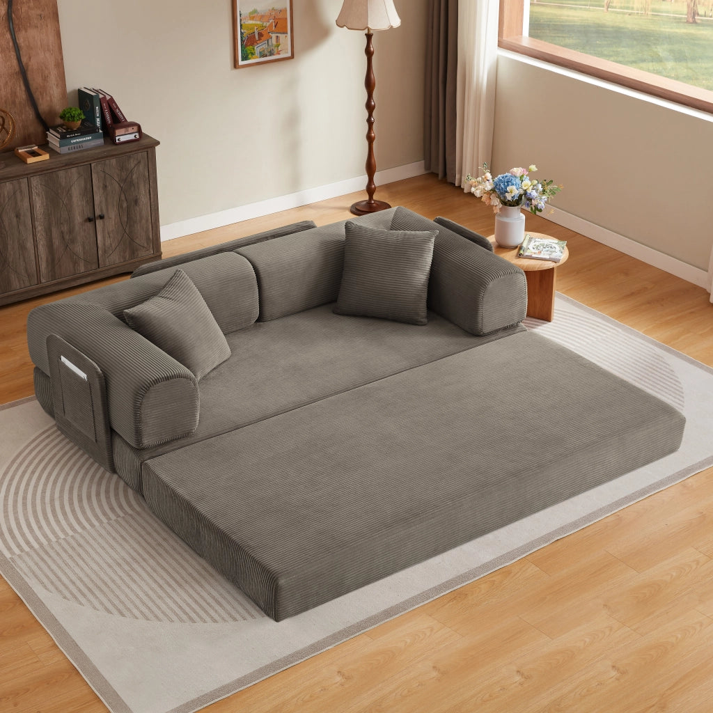 Divano letto in schiuma con due materassi da 17 cm e struttura in acciaio cromato, 2 cuscini, taupe