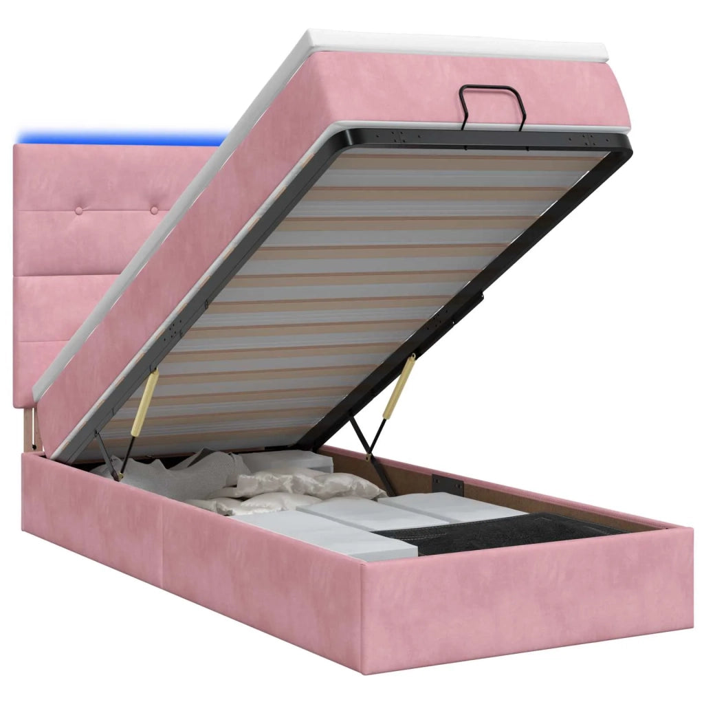 Letto Ottomano con Materasso e LED Rosa 90 x 190 cm Velluto 3458276