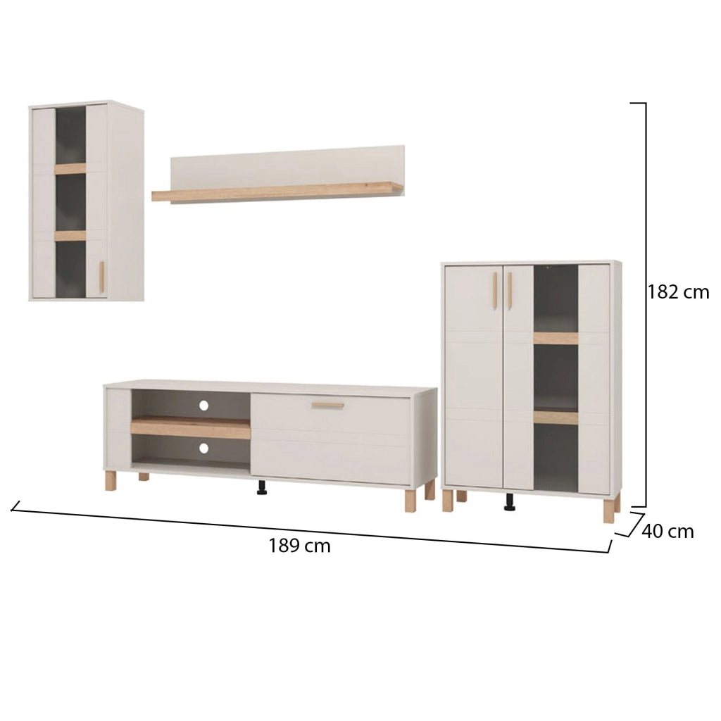 Mobile Soggiorno Fallo, Parete Attrezzata Modulabile, 289x40x181.5h cm Bianco Crema