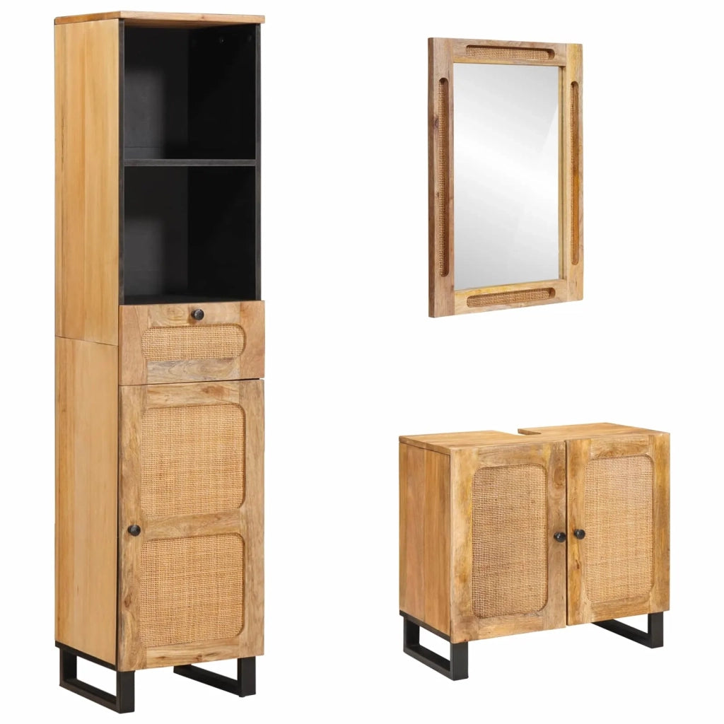 Set da Bagno | Armadio da bagno con porta 3 pz Naturale Legno di mango massello