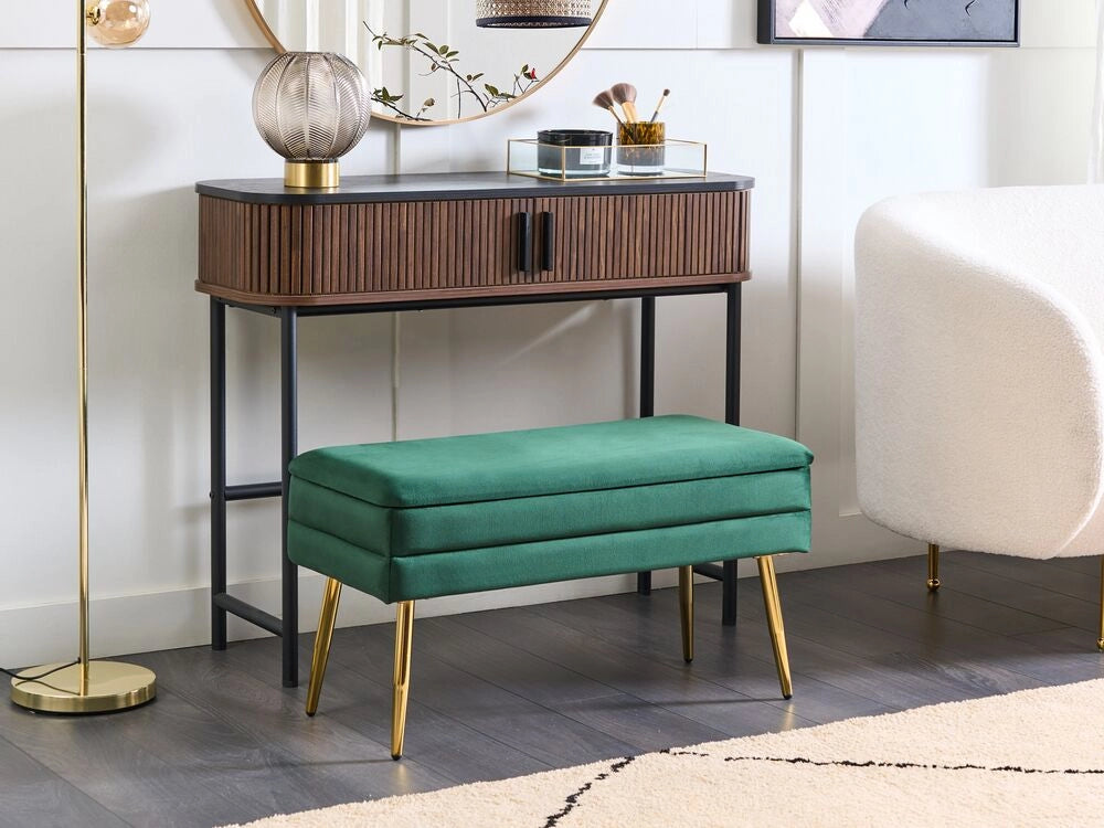 Panca portaoggetti per camera da letto velluto di poliestere verde scuro gambe dorate design glam mobili da soggiorno a tinta unita