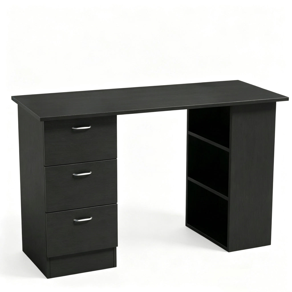 Scrivania per computer in MDF nero con 3 ripiani e 3 cassetti, 120x49x72 cm