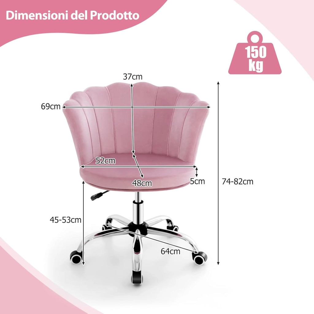 Sedia da Scrivania in Velluto, Poltrona Girevole con Altezza Regolabile, con Schienale a Forma di Petalo e Ruote, per Casa Ufficio, Carico Massimo 150 kg (Rosa)