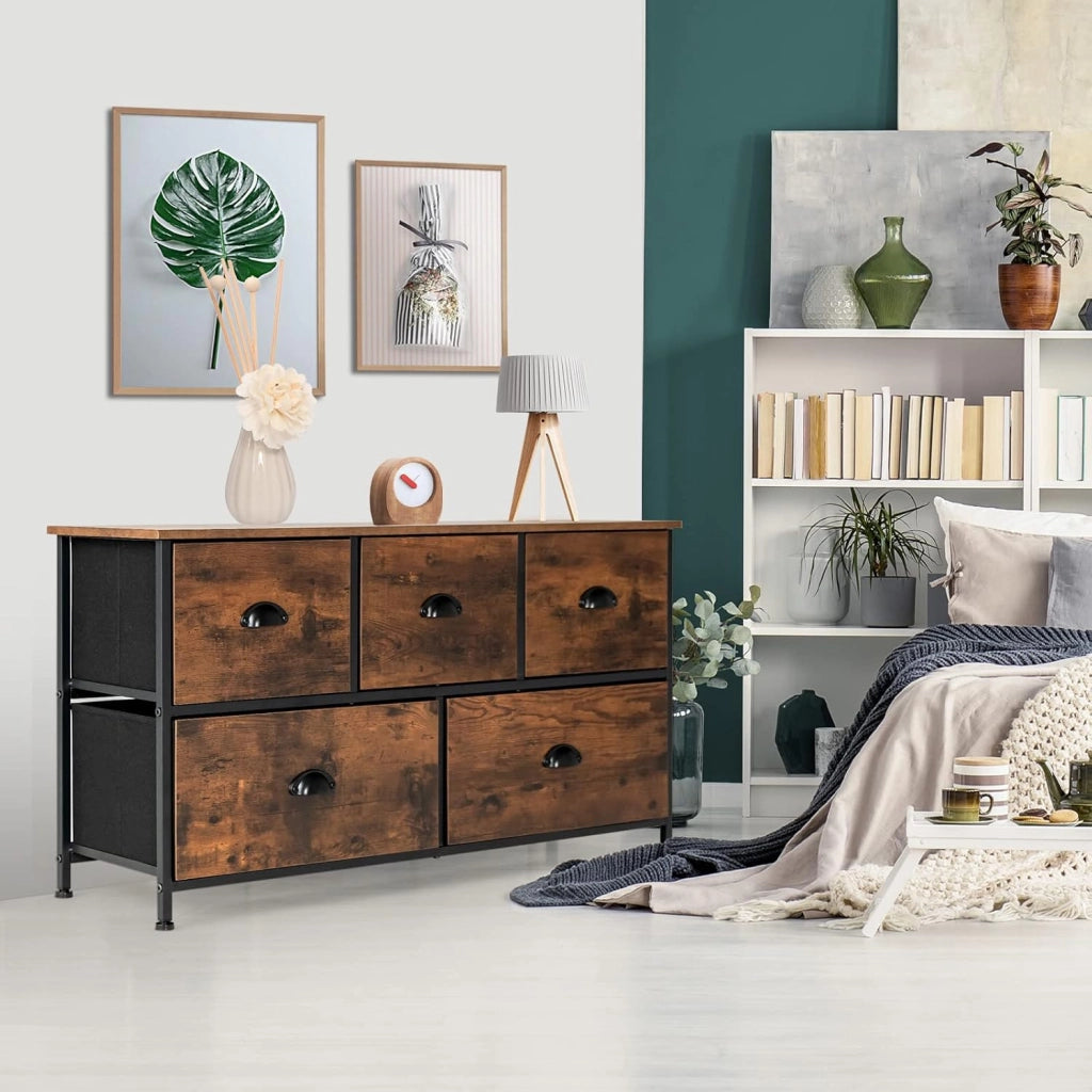 Cassettiera con 5 Cassetti e Armadietto a 2 Ripiani Pieghevoli in Tessuto - Credenza con Telaio in Metallo, 100 x 30 x 54 cm