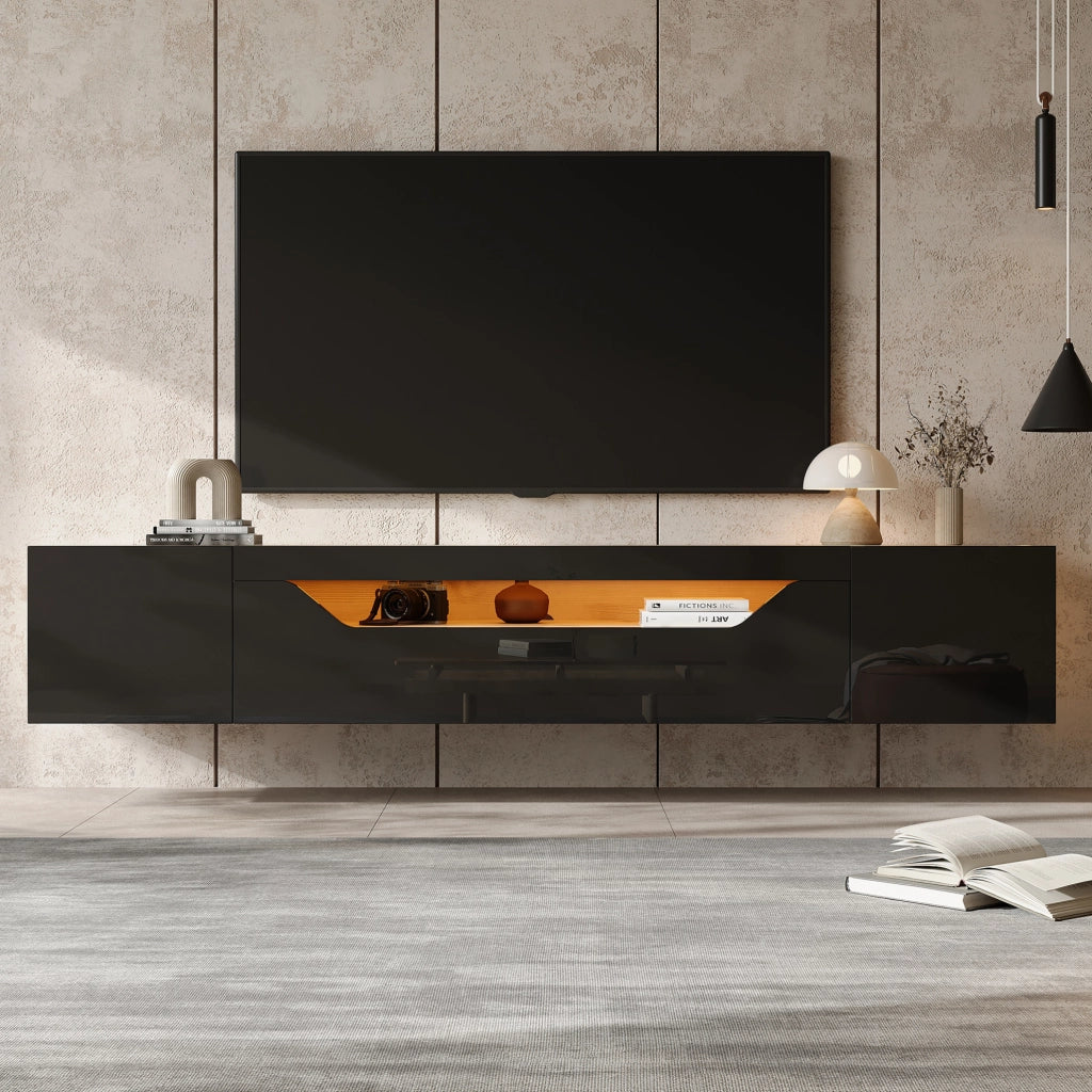 Mobile TV sospeso 180x37x36 cm con LED e 3 vani in pannello truciolare nero e naturale