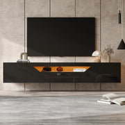 Mobile TV sospeso 180x37x36 cm con LED e 3 vani in pannello truciolare nero e naturale