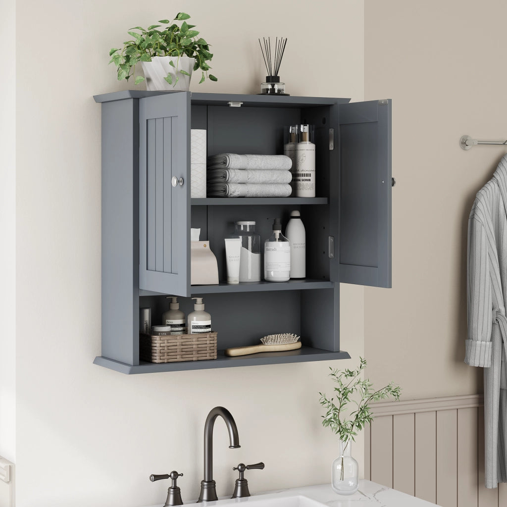 Armadietto da bagno pensile in MDF grigio chiaro con ripiani interni regolabili, mobile salvaspazio da parete