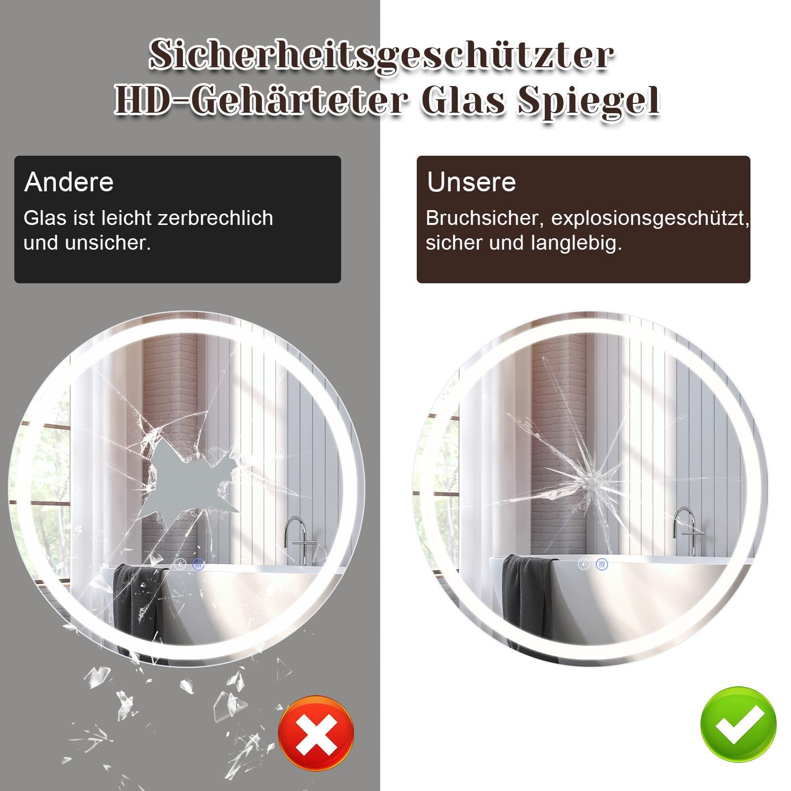 ZMH Specchio da bagno con funzione antiappannamento IP44 Rotondo Bianco Specchio da bagno variabile