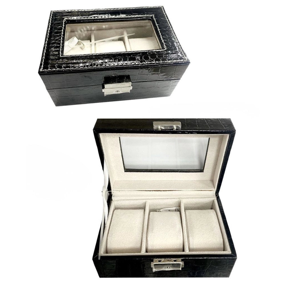 Trade Shop - Scatola Porta Orologi 3 Posti Con Vetro Custodia Elegante Effetto Pelle Nera -