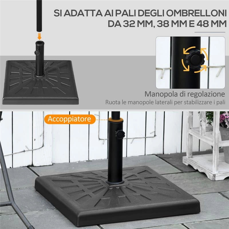 BASE PER OMBRELLONE RETTANGOLARE DI 19KG IN RESINA PER PALI Ø32, 38 E 48 MM NERO