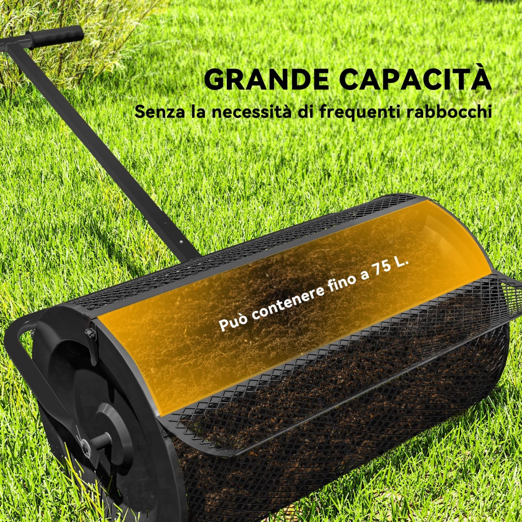 Carrello Spandiconcime da 75L 70x40x112 cm con Manico Regolabile a T in Metallo Nero