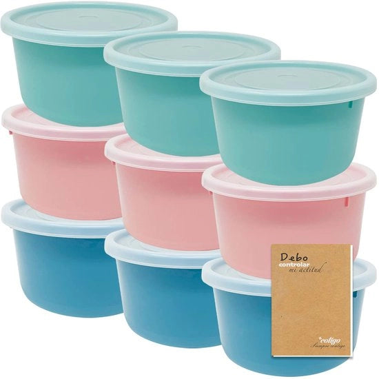 Contenitori alimentari in plastica, rotondi, piccoli, riciclabili, BPA-free, contenitori con coperchi, resistente a lavastoviglie, forno a microonde e congelatore (Rosso, Verde e Blu, 9 x 0,6 l)