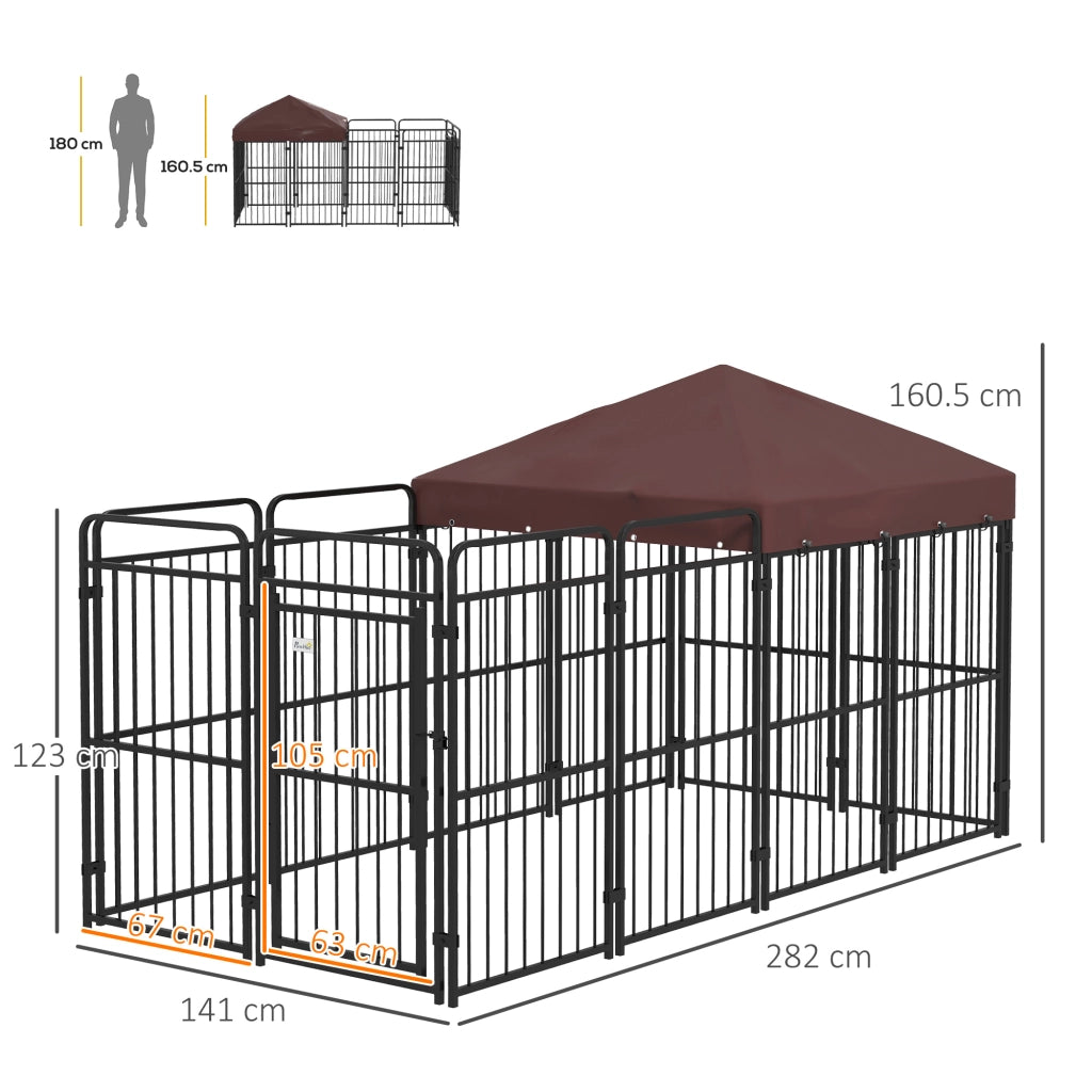 Recinto per Cani da Esterno in Metallo con Tetto ¨C Xylo ¨C Marrone 282x141x160.5cm