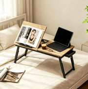 Tavolino laptop 83,5x33 cm nero e rovere in bambù e MDF, con cassetto laterale