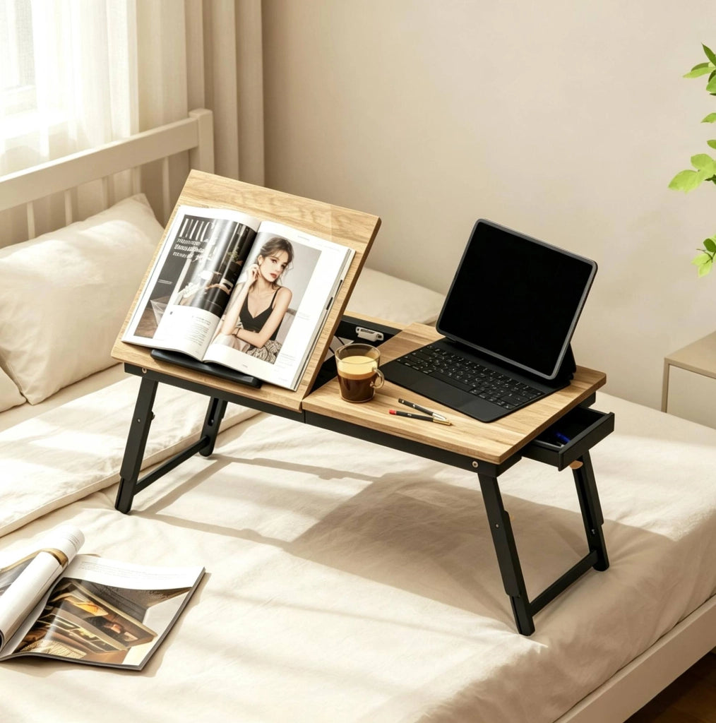 Tavolino laptop 83,5x33 cm nero e rovere in bambù e MDF, con cassetto laterale