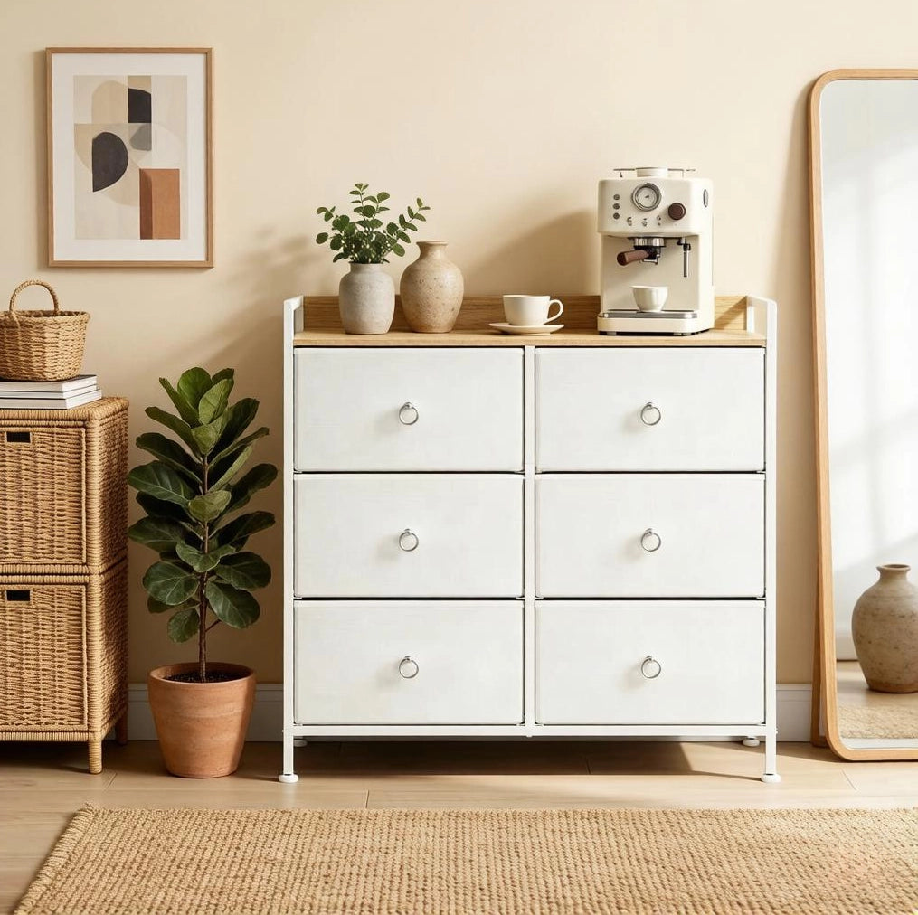 Mobiletto con 6 Cassetti in Legno E1 e Metallo, Bianco, 80x29x78 cm