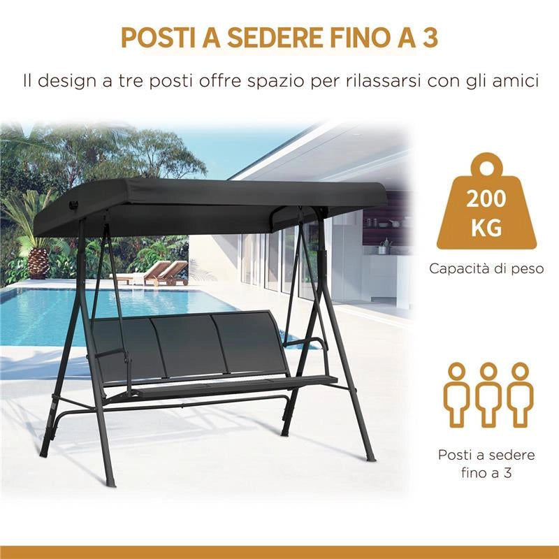 DONDOLO DA GIARDINO A 3 POSTI CON TETTUCCIO, SEDUTA TRASPIRANTE E TELAIO IN ACCIAIO, NERO