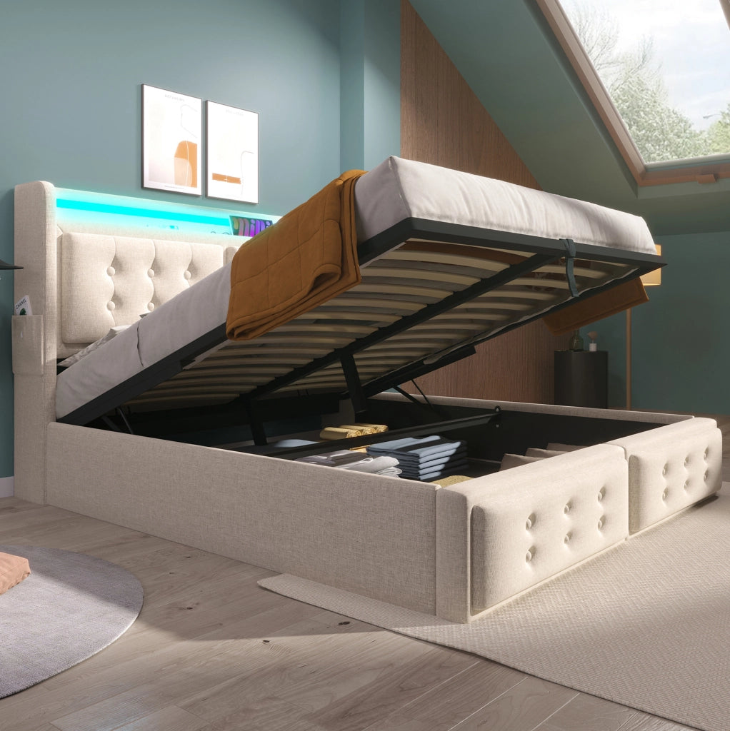 Letto matrimoniale 140x200 cm con contenitore; testiera con prese USB e Type-C; LED; beige