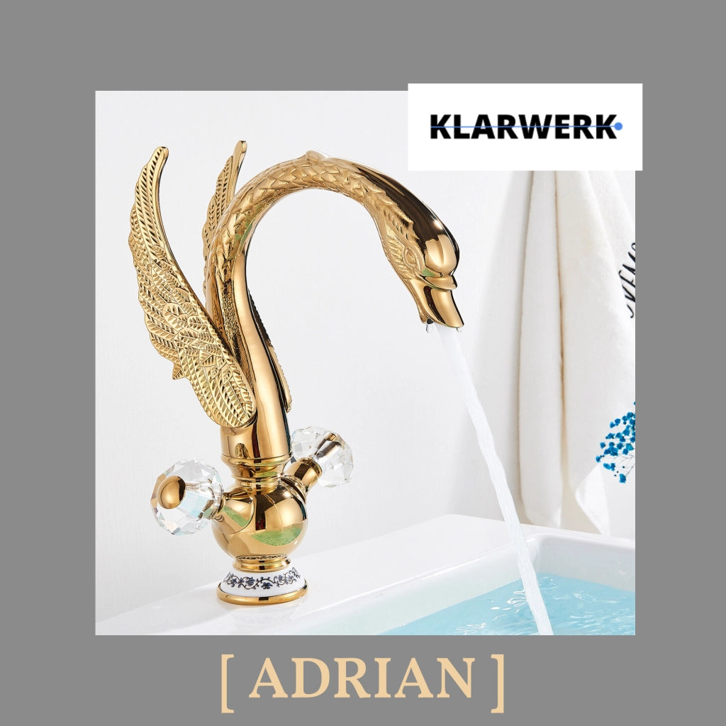 ADRIAN| Rubinetto per bagno grande di design in acciaio inossidabile aspetto cigno di lusso dorato |Miscelatore alto per lavabo independente