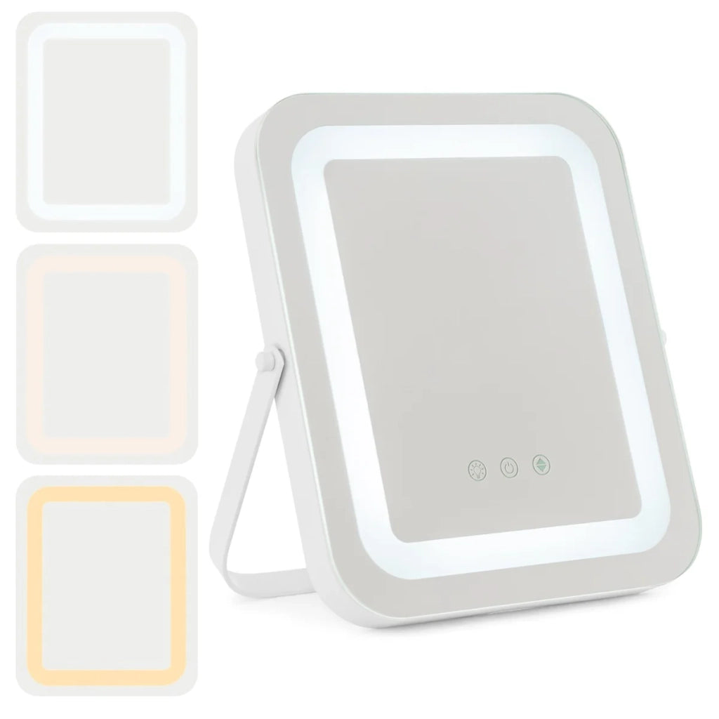 Specchio per il trucco 25 x 30 cm con luce LED orientabile supporto girevole a 360° stile moderno metallo bianco 20_0019443