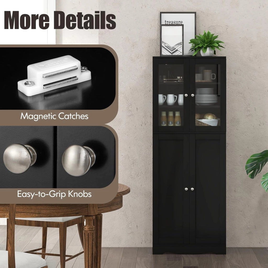 Credenza da Cucina con Anta Multi-Stoccaggio, Mobile Cucina Dispensa con Dispositivo Antiribaltamento, Armadio di Stoccaggio, 60 x 31,5 x 161,5 cm, per Soggiorno, Sala da Pranzo (Nero)