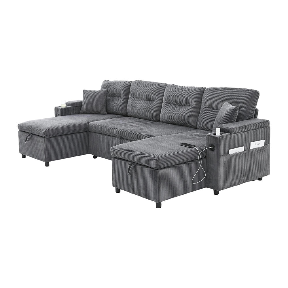 Divano moderno in velluto per 4 persone - Xylo - Con chaise longue, spazio di archiviazione, porta bevande, porte USB e funzione letto