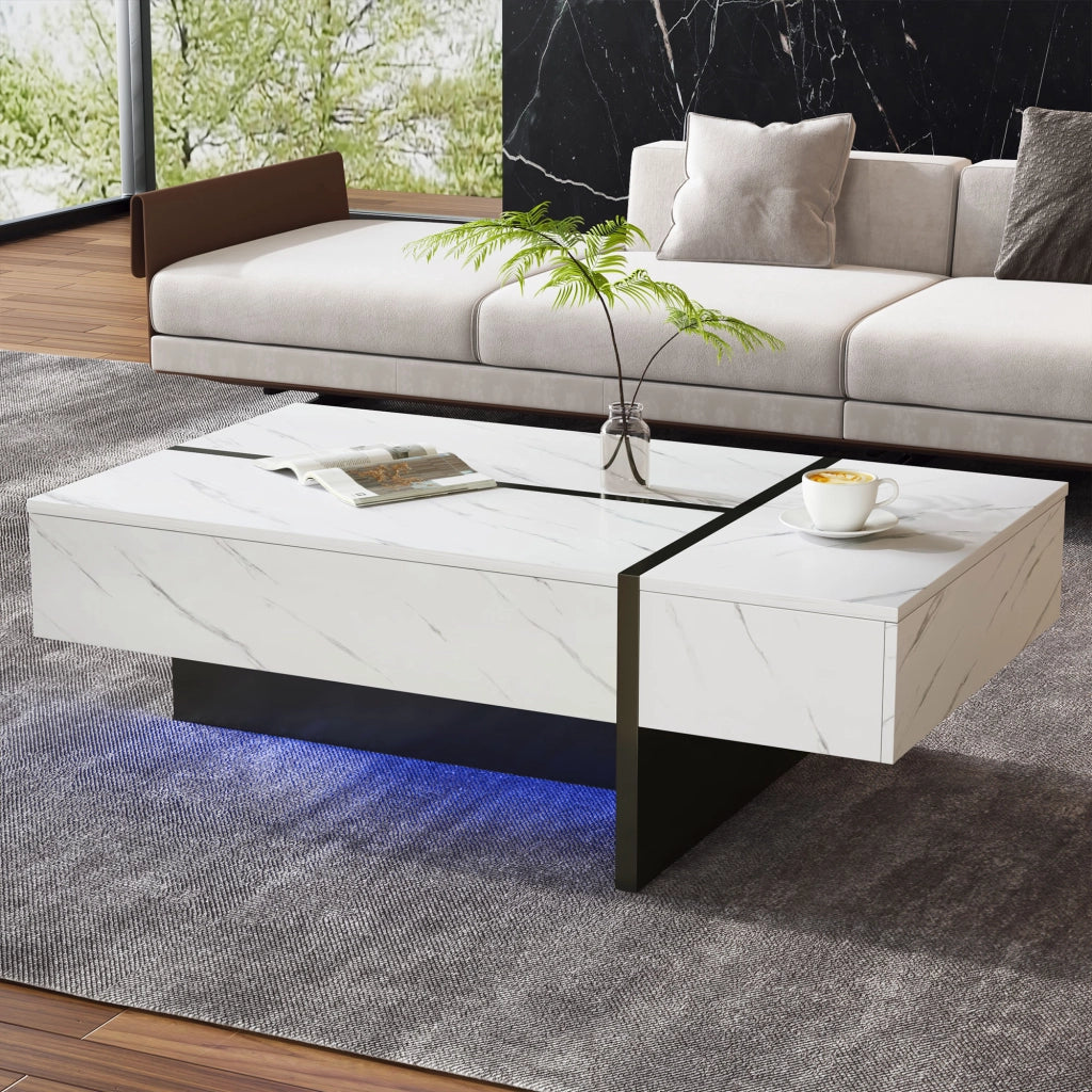 Tavolino da caffè 105x60x35 cm; 3 cassetti con LED controllati da app; pannello truciolare bianco