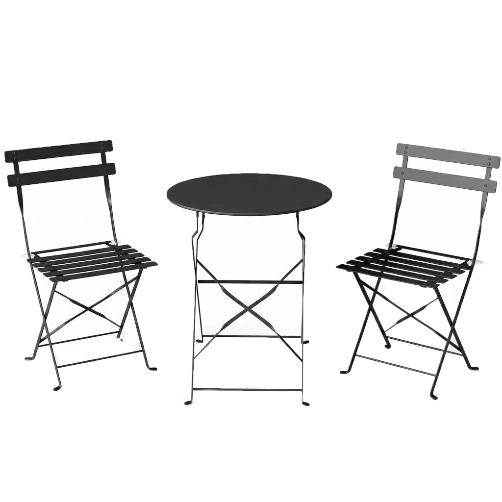 Set Bistrò da Esterno con Tavolo e 2 Sedie Pieghevoli in Metallo e Plastica Nero