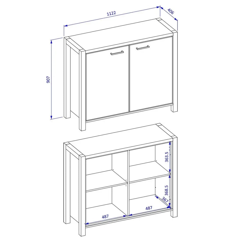 Buffet piccolo modello 110cm collezione TIVORA con 2 porte colore quercia e nero.