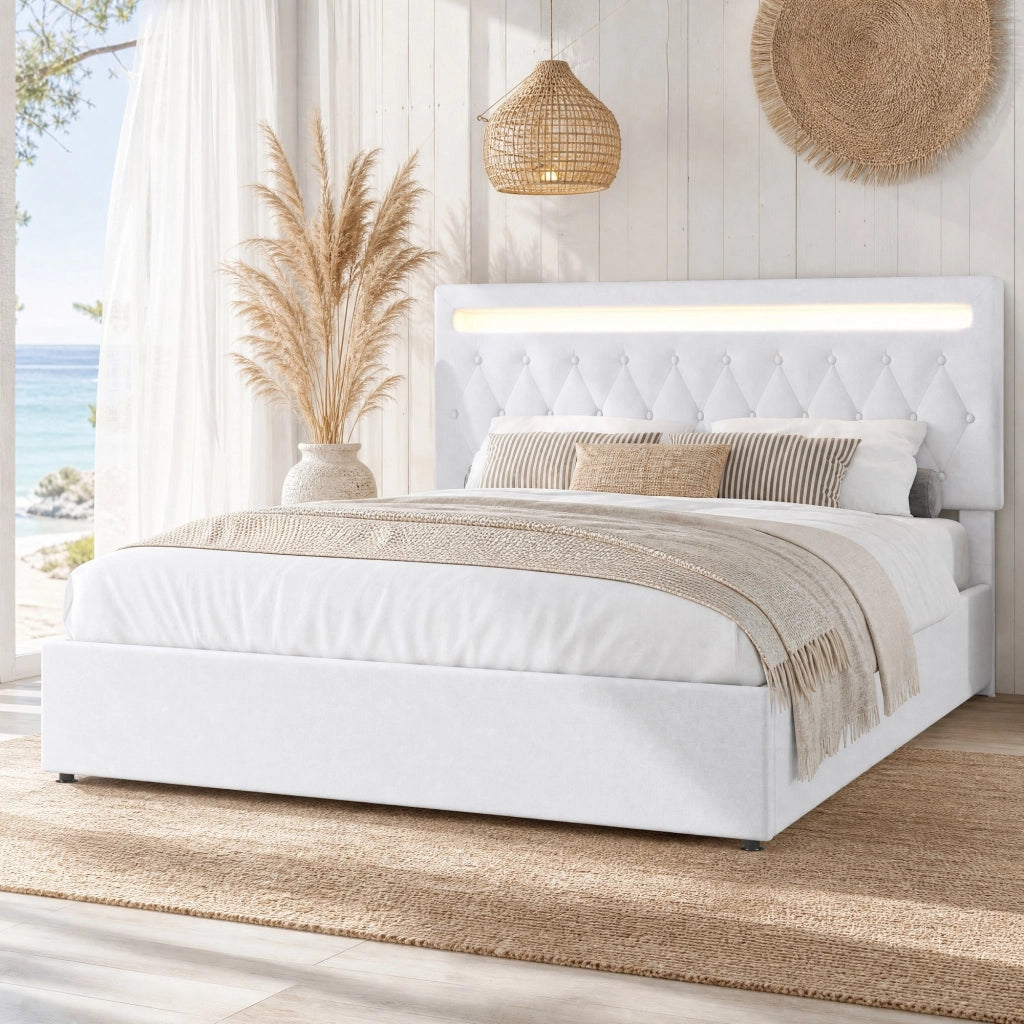LETTO 180x200 cm imbottito con sollevamento idraulico, bianco, USB