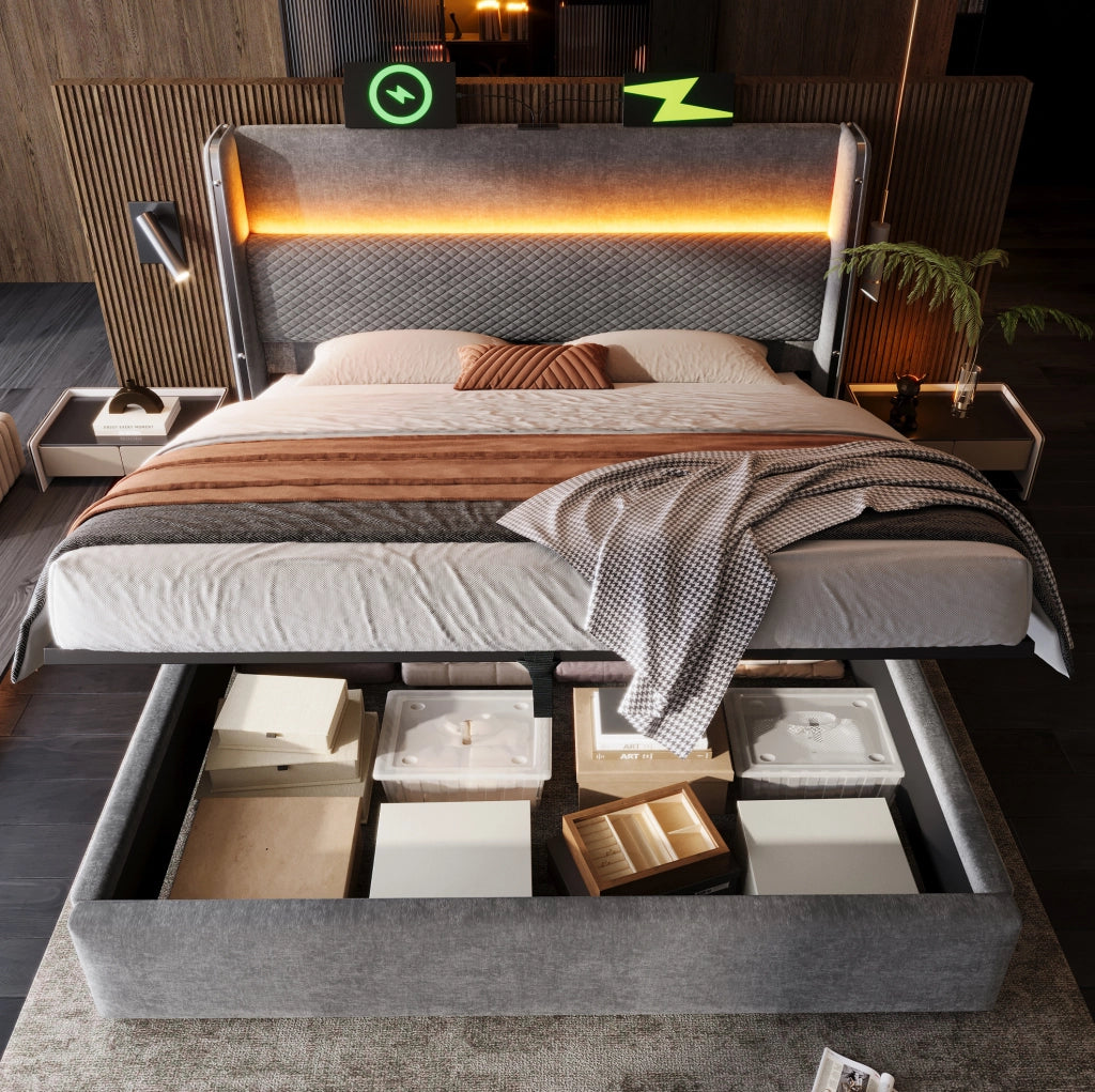 Letto matrimoniale 160x200 cm con testiera alta; LED; USB e contenitore; grigio; con materasso