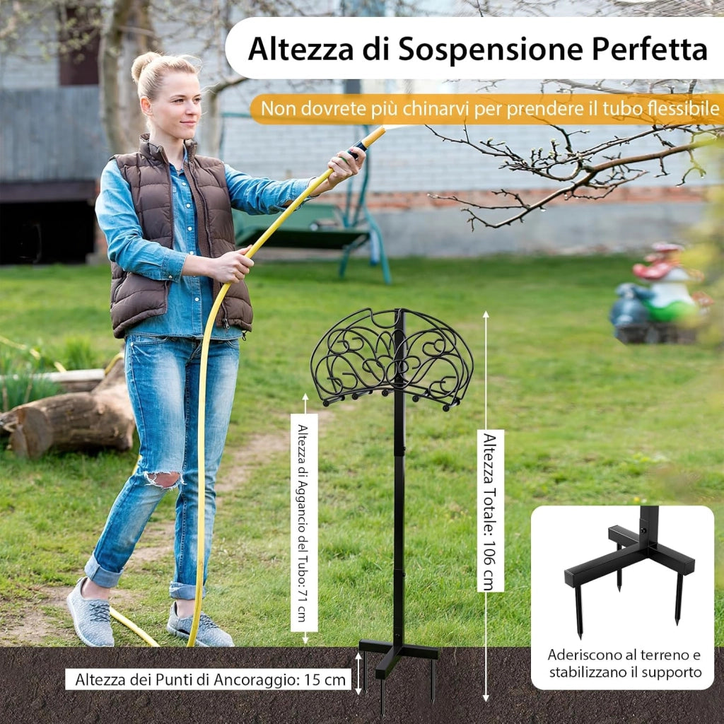 Supporto per Tubo da Giardino, Porta Tubo da Terra in Metallo con 3 Punti di Ancoraggio, Supporto per Tubo Staccabile per Giardino, Prato, Nero