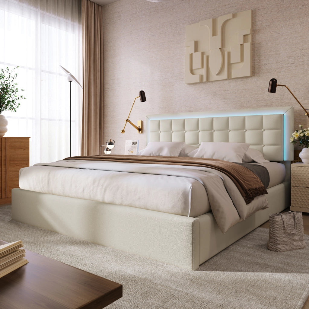 Letto contenitore matrimoniale 140 × 200 cm con illuminazione LED, contenitore idraulico e senza materasso, in PU bianco