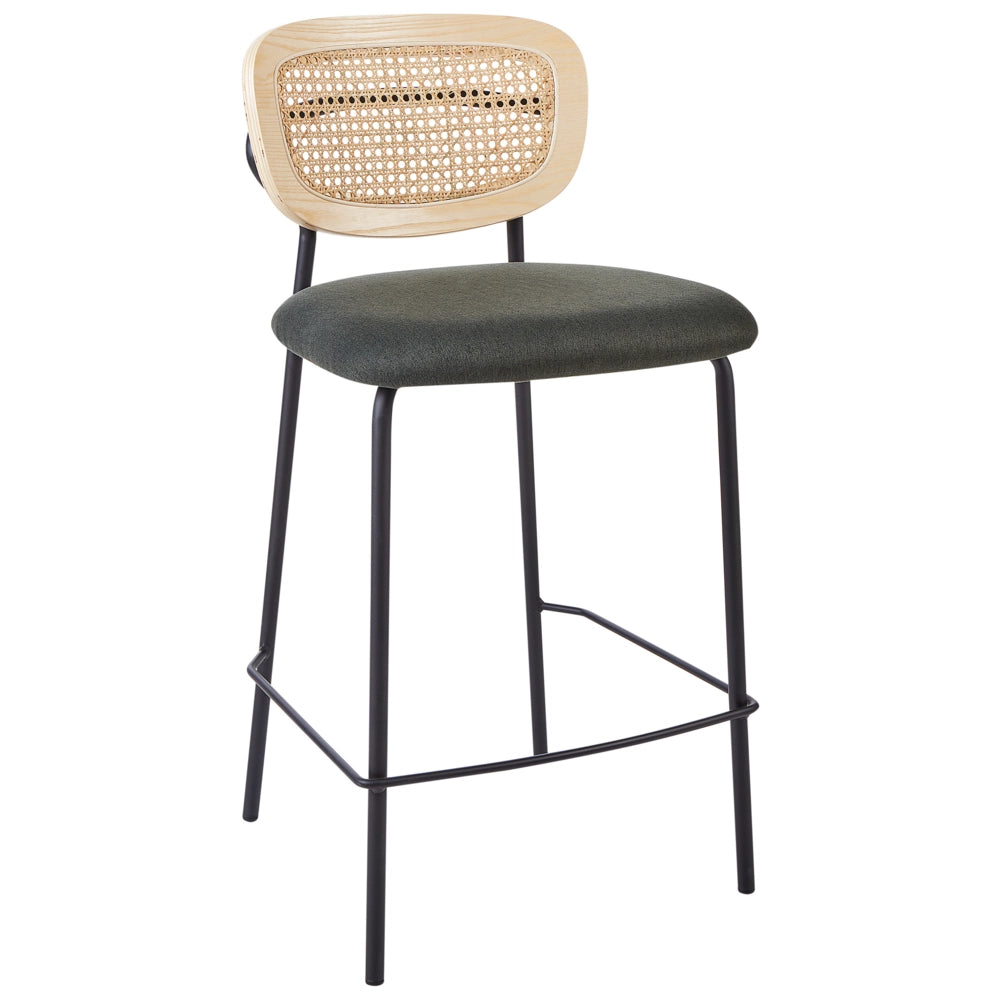 Set di 2 sedie da bar Verde Scuro Rivestimento in poliestere nero Schienale in rattan naturale a treccia viennese Gambe in metallo nero Sgabelli senza braccioli