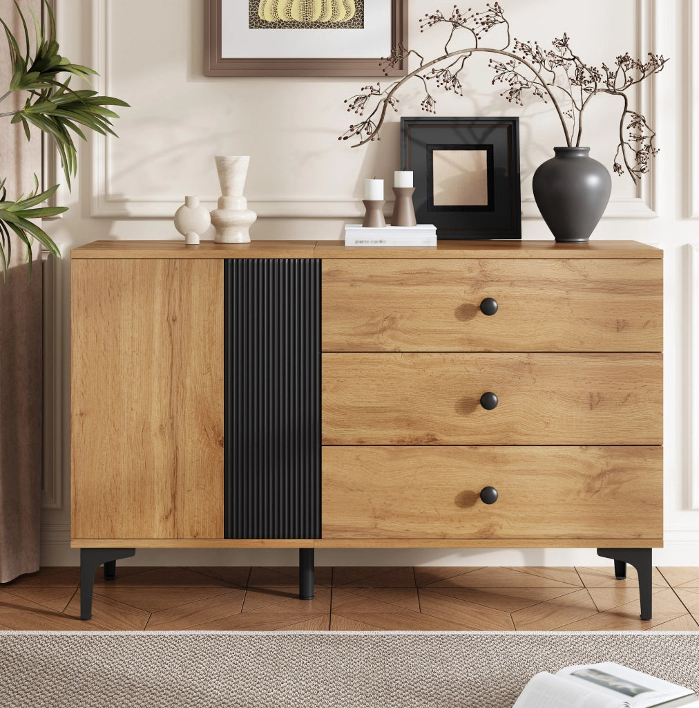 Sideboard 120x35x76 cm con 1 anta e 3 cassetti; in truciolare; nero e naturale