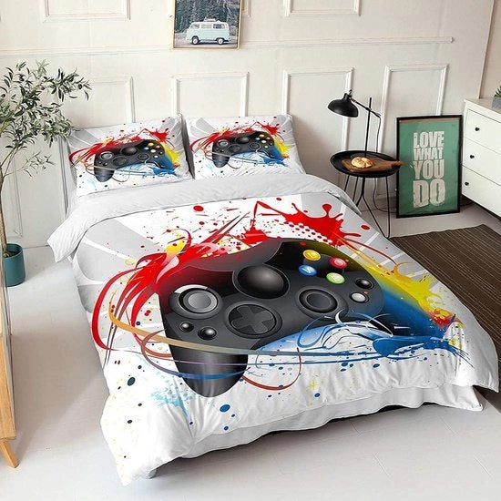 Set di lenzuola a tre pezzi per letto con stampa 3D 140x200, console per videogiochi, pulsanti di azione, copriletto per ragazzi e giovani, videogioco, coprileto per camera da gioco, due cuscini con coperture 50x75.