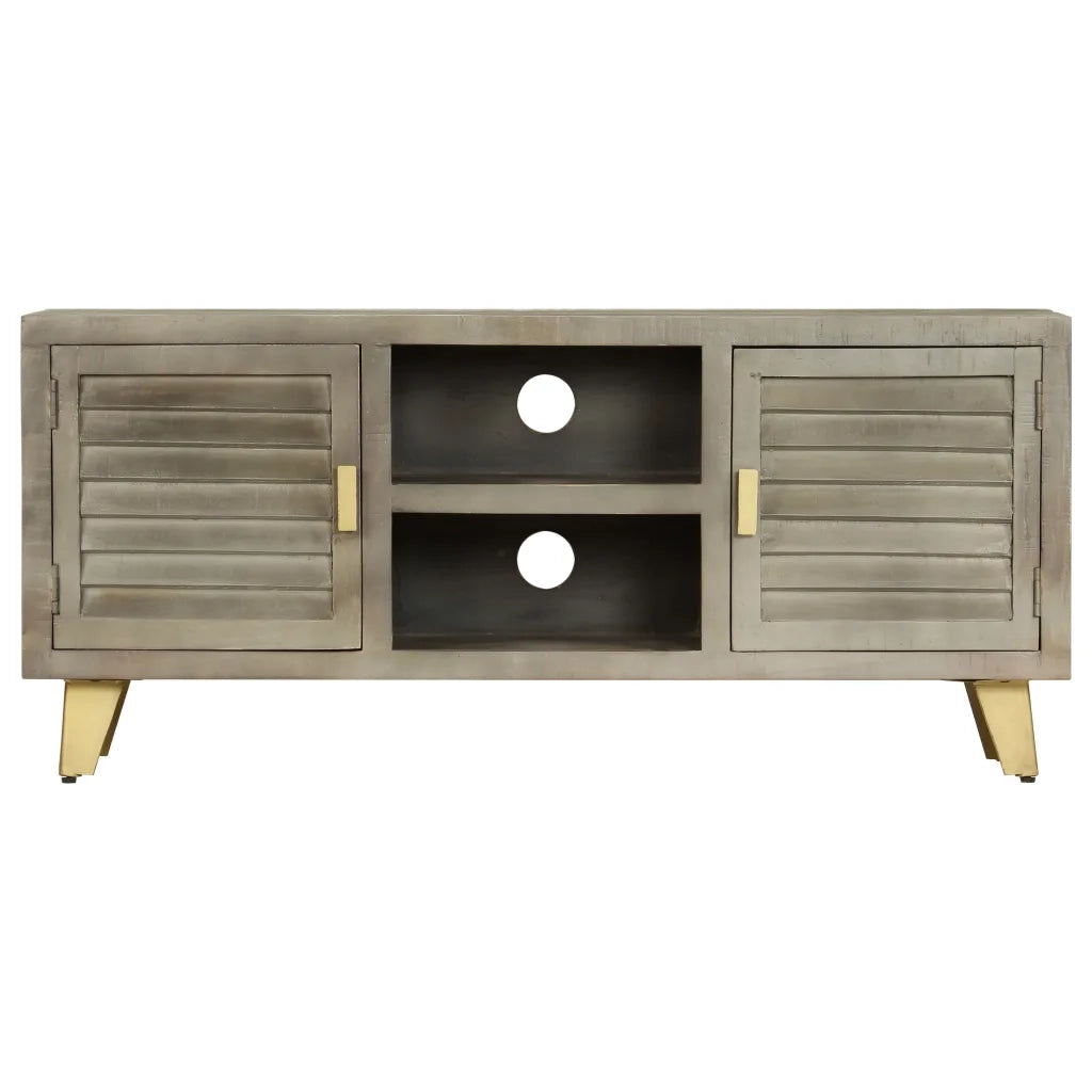 Mobile TV-Credenza per TV-Console TV Legno Massello di Mango Grigio e Ottone 110x30x48cm