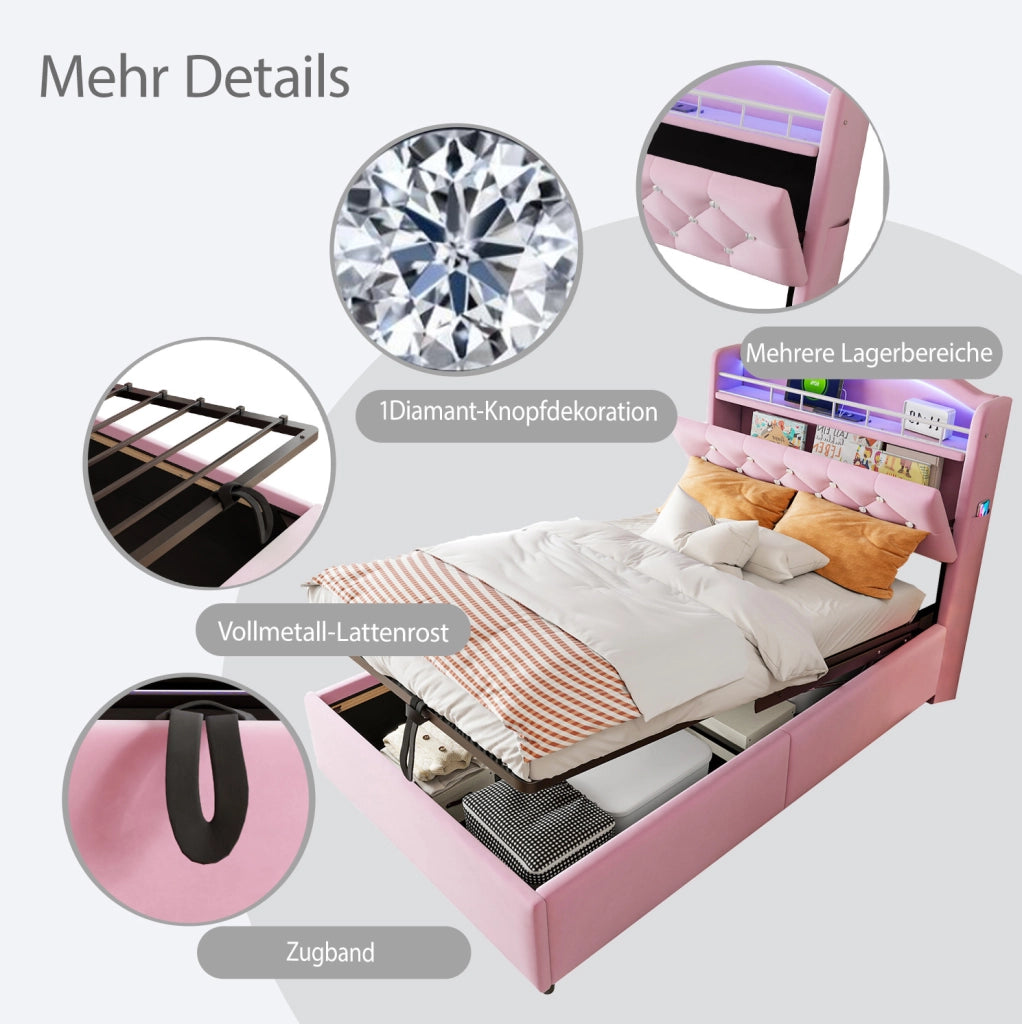 Letto imbottito per bambini con contenitore; LED; 3 USB e Type-C; per materasso 90x200 cm; rosa