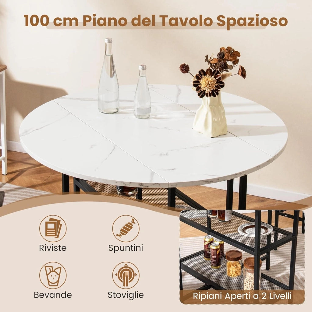 Tavolo da Pranzo 100 x 100 x 80 cm, Tavolo Pieghevole Salvaspazio per 2-4 Persone con 2 Mensole di Stoccaggio e Ruote Bloccabili per Soggiorno, Appartamento e Ufficio (Bianco)