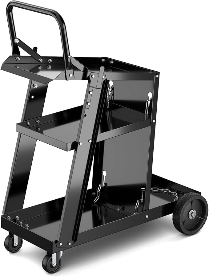 Carrello da Saldatura a 3 Livelli, Carrello per Saldatore con Struttura in Metallo, 4 Ruote Bloccabili Universal e Spazio per Serbatoio con Catene Anti-Ribaltamento, Carrello per Officina