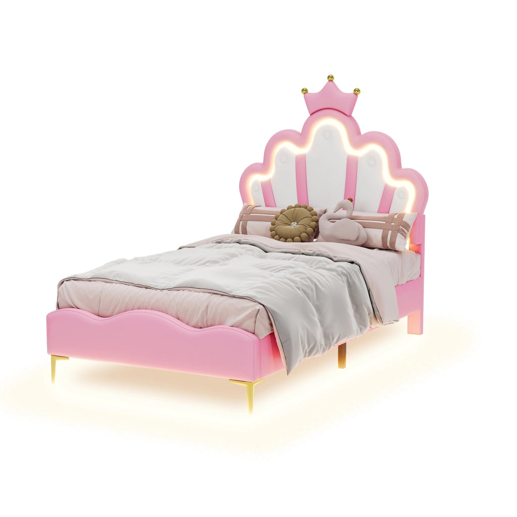 OKWISH Letto Bambini 90×200 cm, Letto Singolo con Corona, LED Regolabile e Testiera Imbottita, senza Materasso, PU, Rosa